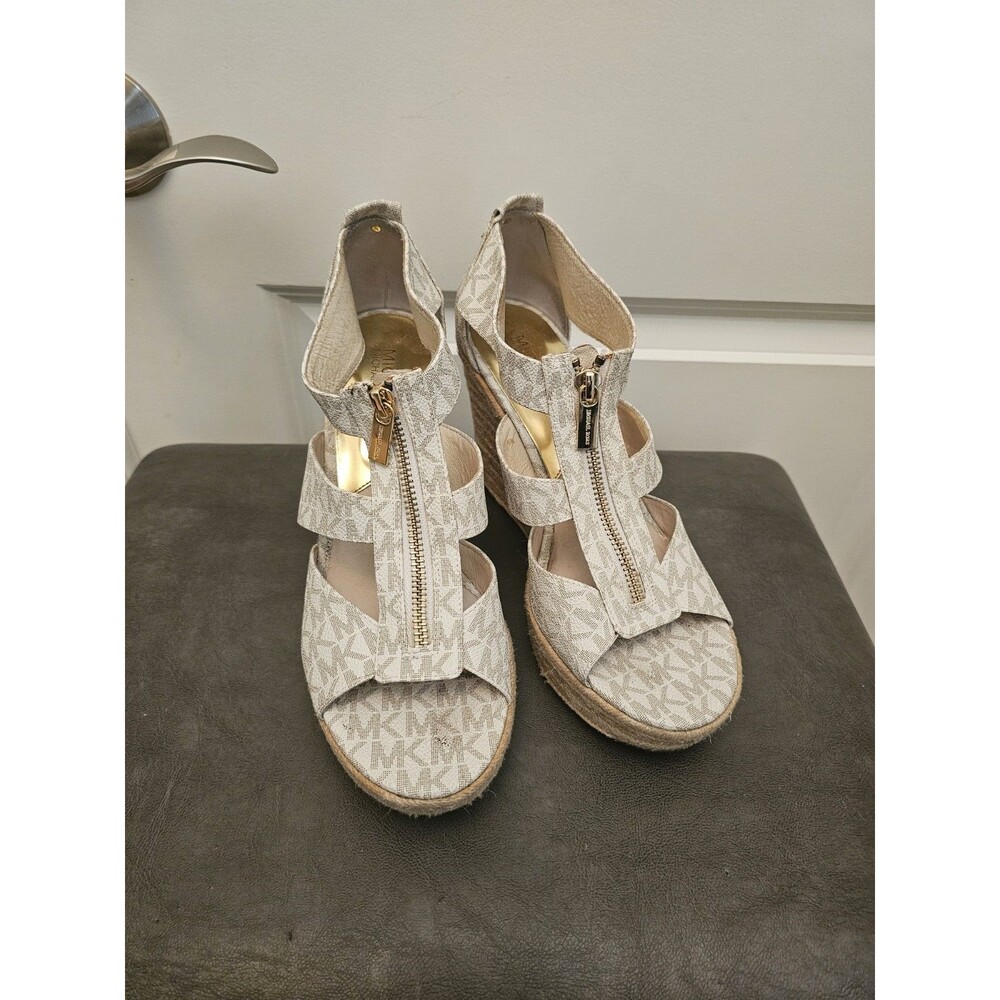 Michael Kors Womens Wedge Sandals Size 8.5 M MK Logo Canvas Zipper Front